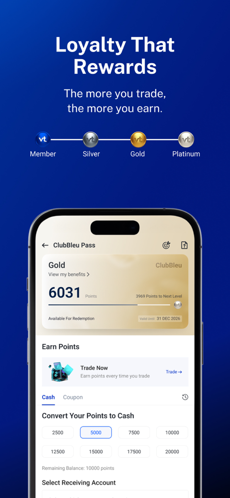 VT Markets-Online Trading - VT Markets mobile App-Bildschirm für das Treueprogramm mit Stufen und Bargeldumrechnung für aktive Trader