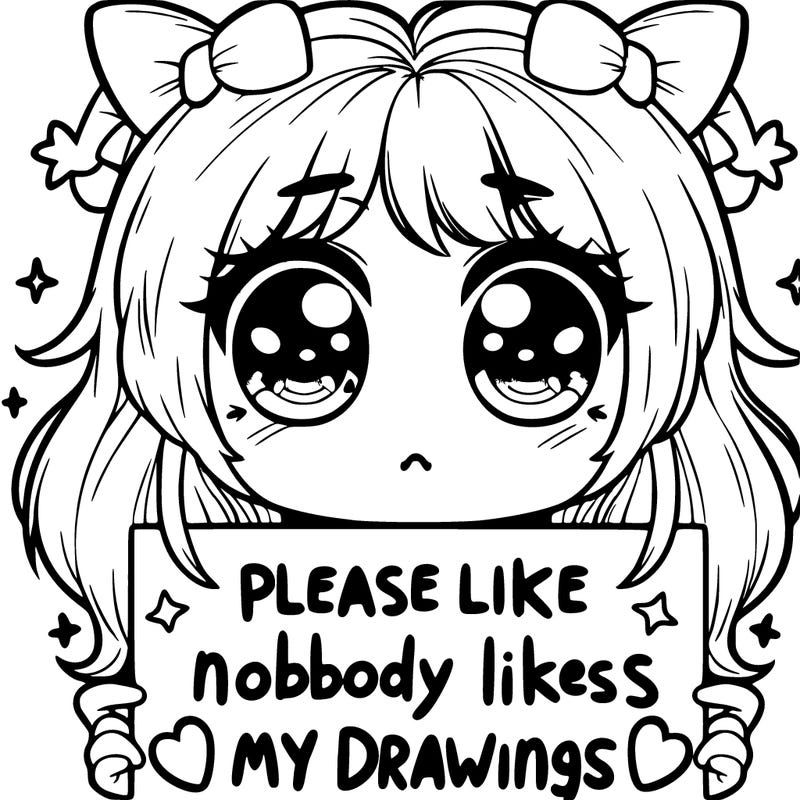 cute girl with really cute eyes holding a sight that says please like nobody likes my drawings