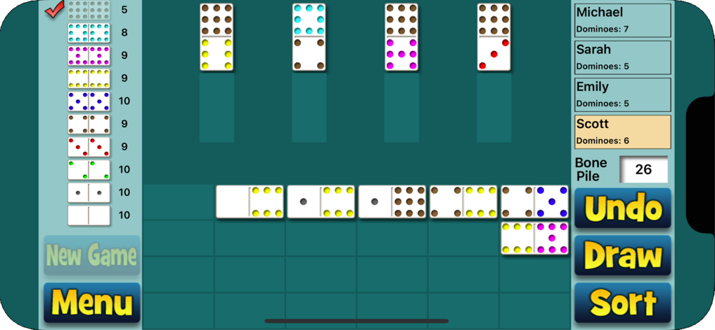 Chickenfoot Dominoes - Pantalla de juego de Chickenfoot Dominoes con pips grandes de colores y estadísticas de jugador.