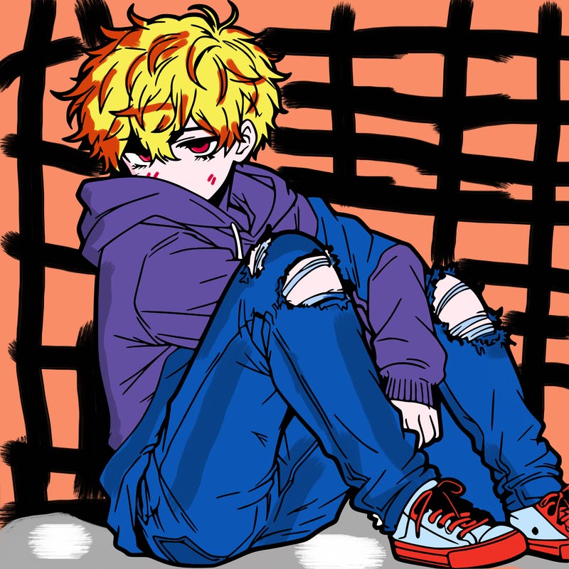 a male hoddie ripped jeans messy hair anime
