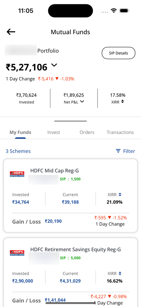 BG Investment - BG Investment app dashboard showing mutual fund portfolio value and investment performance details