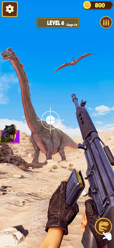 Dinosaur Hunting-Universe Game - First person shooter view of a player aiming a rifle at a large dinosaur in a desert setting
