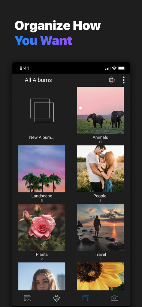Screenshot of the ON1 Photo RAW for Mobile app showing organized photo albums including animals landscape people and travel