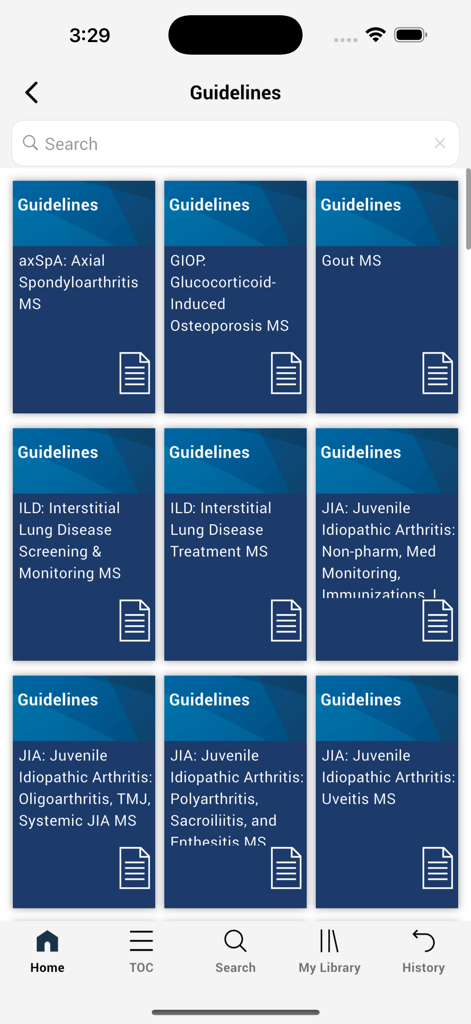 Guidelines And Criteria - Main screen of the ACR Guidelines app showing a list of clinical guidelines for rheumatology
