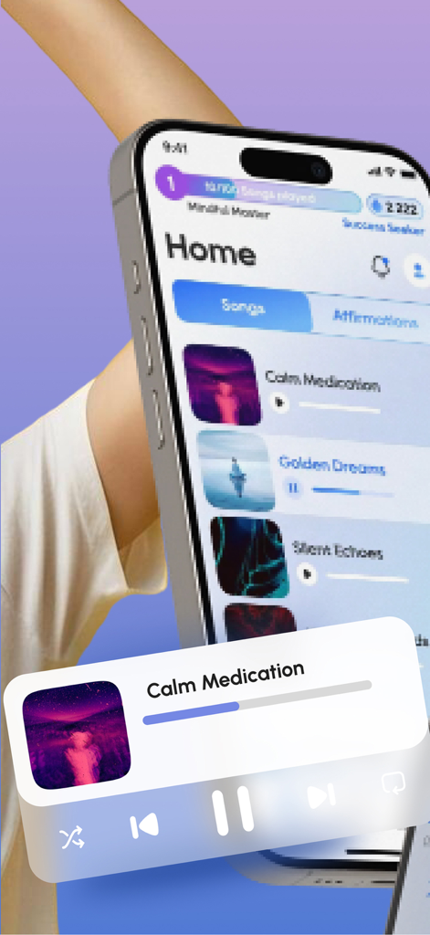 Manifest AI: Bye Broke Brain - Manifest AI mobile app home screen with a meditation music player and track list