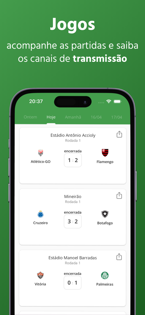 Futebol Hoje - Onde assistir - Interface do aplicativo Futebol Hoje mostrando resultados de partidas e canais de transmissao de futebol