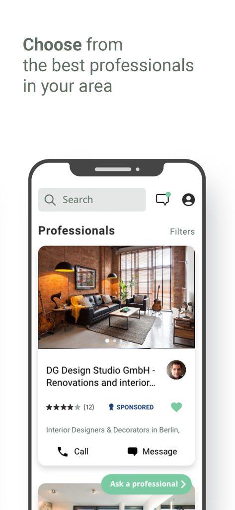 homify - home design - Un'interfaccia mobile per l'app homify che mostra una directory di professionisti locali per la ristrutturazione della casa e il design d'interni.