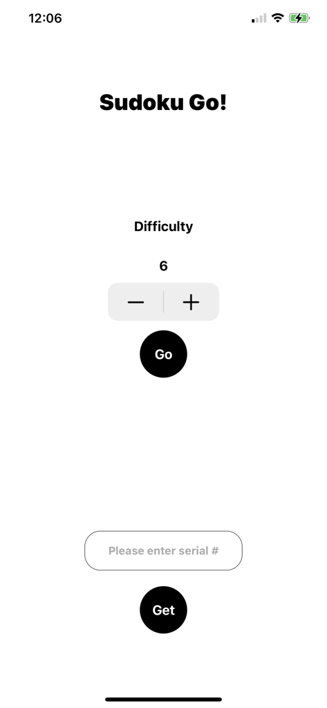 Sudoku Go Pro app home screen showing difficulty selection and serial number entry field for printed puzzle solutions