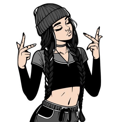 realistic teenage girl with braids and a beanie and crop top doing 🫶🏼