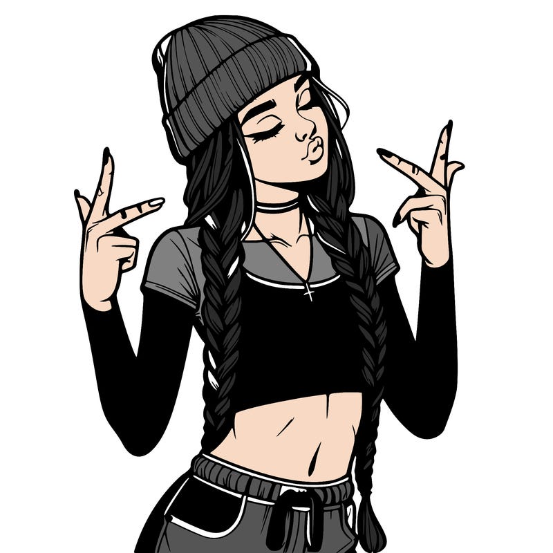 realistic teenage girl with braids and a beanie and crop top doing 🫶🏼