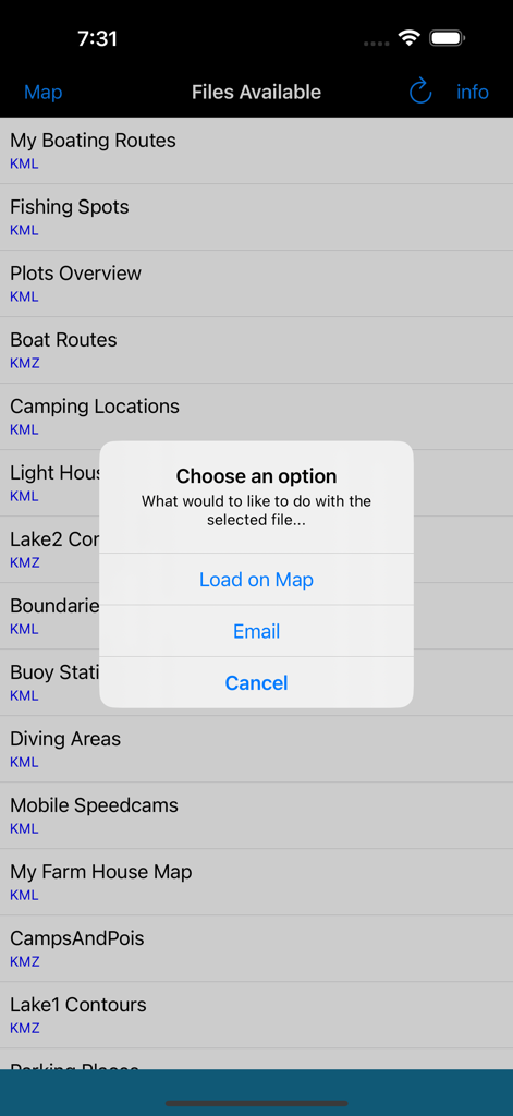 List of available KML and KMZ files with a prompt to load on map or email