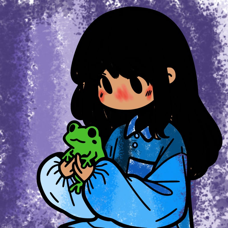 girl with long hair and a oversized shirt. and she is holding a frog