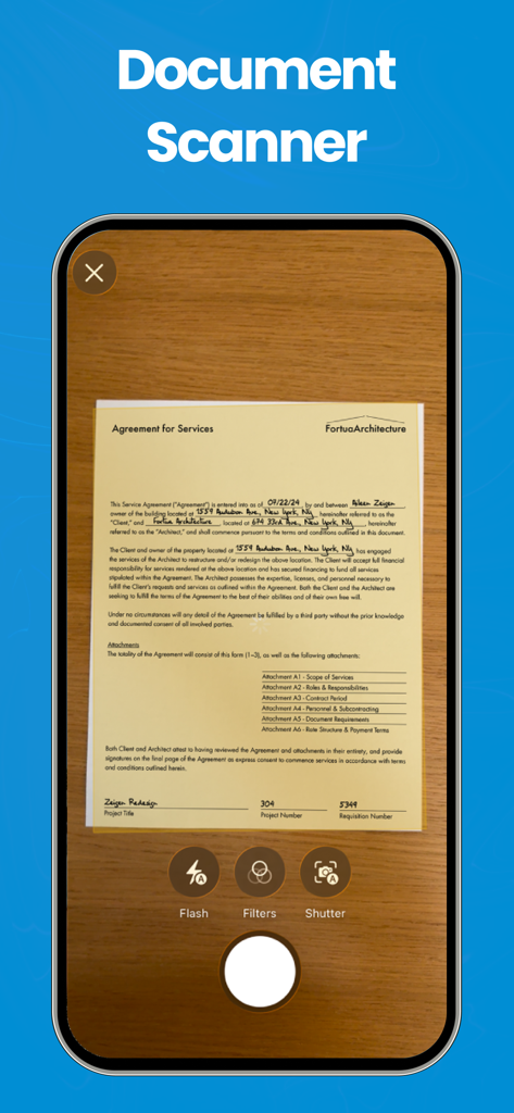 Smart Printer App & Scanner ´ - Función de escáner de documentos de la App de Impresora Inteligente capturando un documento de acuerdo físico en la pantalla de un smartphone.