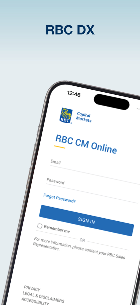 RBC DX - Login screen for the RBC DX foreign exchange mobile application
