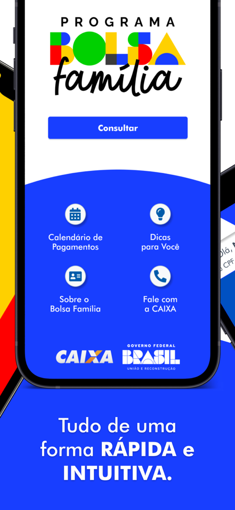 Bolsa Família - Official Bolsa Familia app interface with menu options for payment calendar and benefit information.