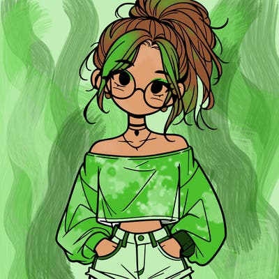 girl with a messy ponytail glasses a baggy crop top and jean shorts