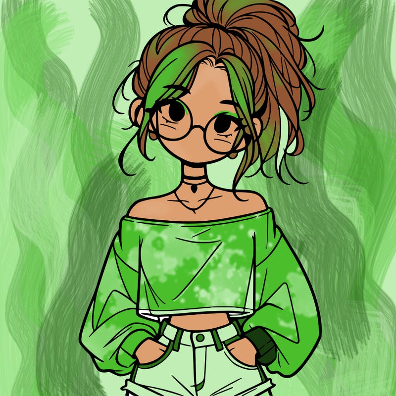 girl with a messy ponytail glasses a baggy crop top and jean shorts