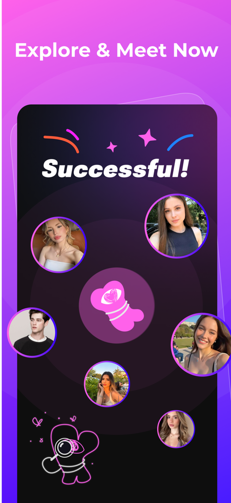Purify - Meet Friends & Vibe - Purify app interface showing a successful match screen with various user profile photos and pet-themed icons