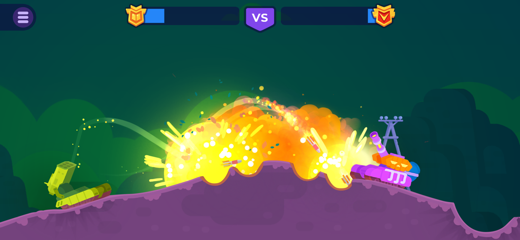 Tank Stars - 紫色の地形の上で中央に大きな爆発がある、カラフルな2D戦車バトル