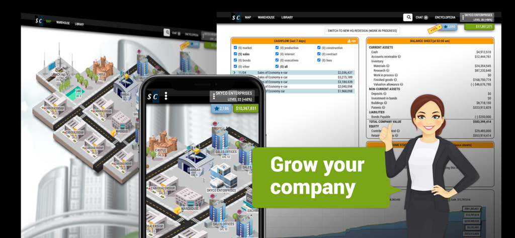 Sim Companies MMO Tycoon dashboard and mobile interface with a grow your company message