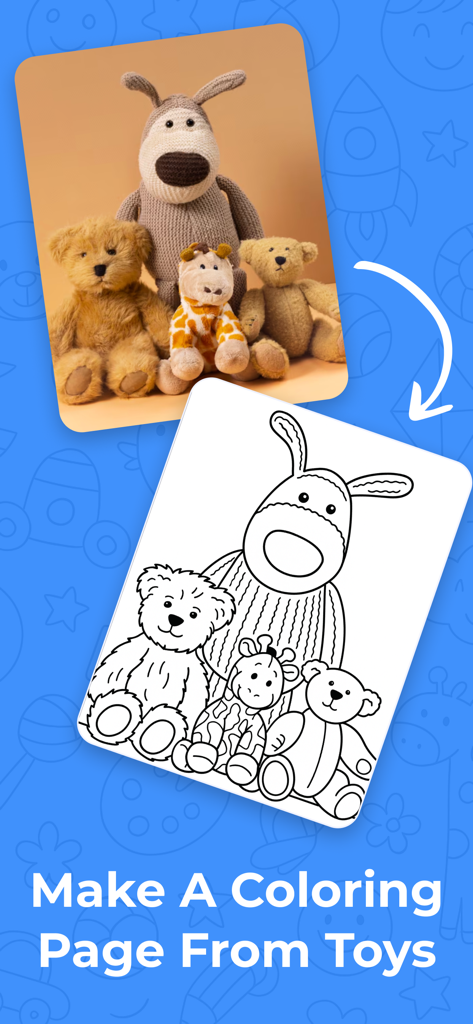 A photo of plush toys transformed into a black and white line drawing for a custom coloring page