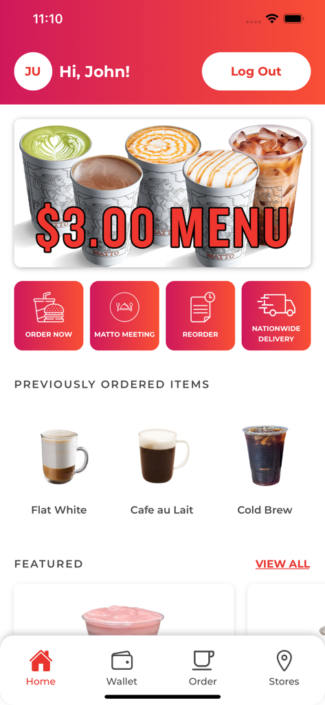 Matto Espresso - A tela inicial do aplicativo Matto Espresso mostrando um banner de cardápio de três dólares e botões de pedido rápido para café e entrega.