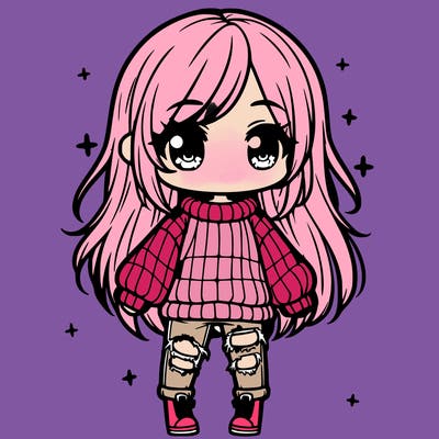 chibi girl with ripped jeans,long hair, and an oversized sweater