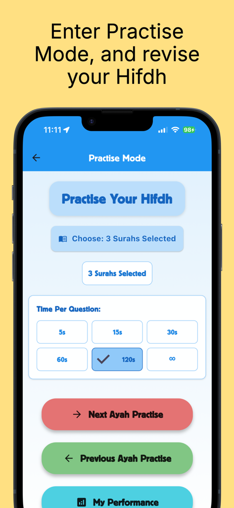 Quran Memory Game - Quran Memory Game practice mode screen showing surah selection and time limit settings for revising Hifdh