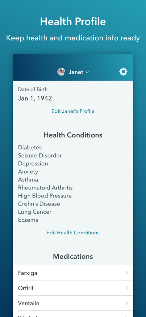 Panel del perfil de salud de la aplicación Cuidado Conectado para Familias mostrando condiciones médicas y listas de medicamentos de un miembro de la familia.