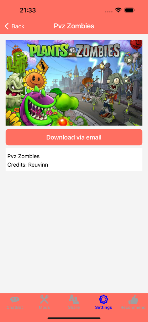 Pvz Zombies mod description page in the TABS Cheat DLC app featuring a download button and creator credits.