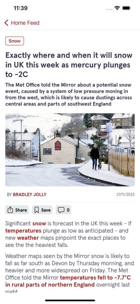 L'application Mirror affiche un article de presse sur les prévisions de neige au Royaume-Uni, accompagné d'une image de rue enneigée.