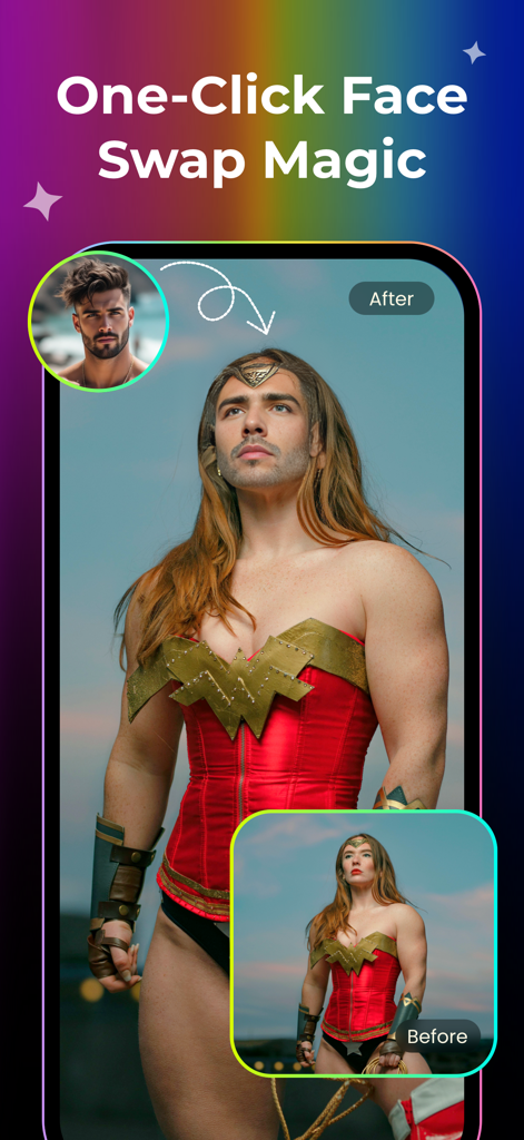 AI Face Swap Video & Photo - A man's face swapped onto a Wonder Woman costume using an AI face swap mobile application