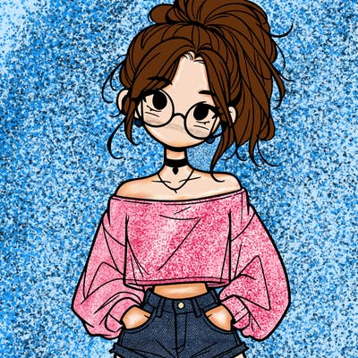 girl with a messy ponytail glasses a baggy crop top and jean shorts
