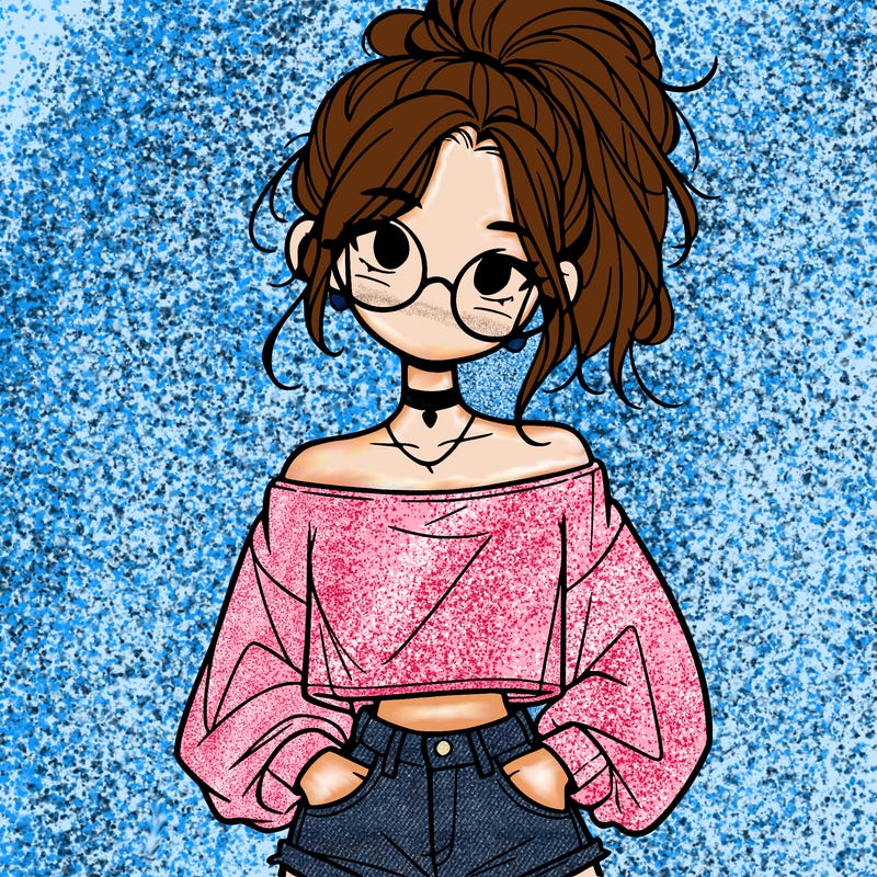 girl with a messy ponytail glasses a baggy crop top and jean shorts