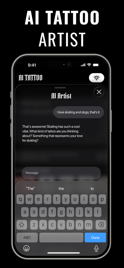Tattoo AI Design Generator - Ein Mobiltelefon, das eine Chat-Oberfläche mit einem KI-Tattoo-Künstler zur Generierung individueller Designideen anzeigt.