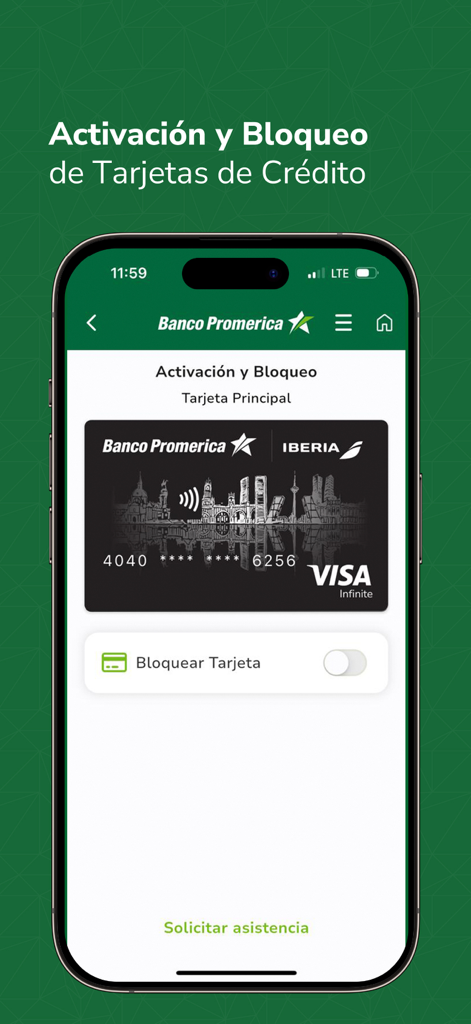 User interface for activating and blocking a credit card in the Promerica Movil RD app