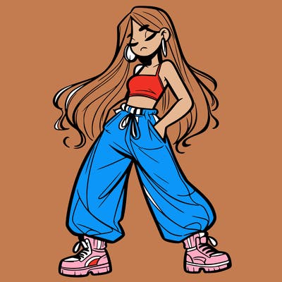 girl in baggy pants crop top and long hair