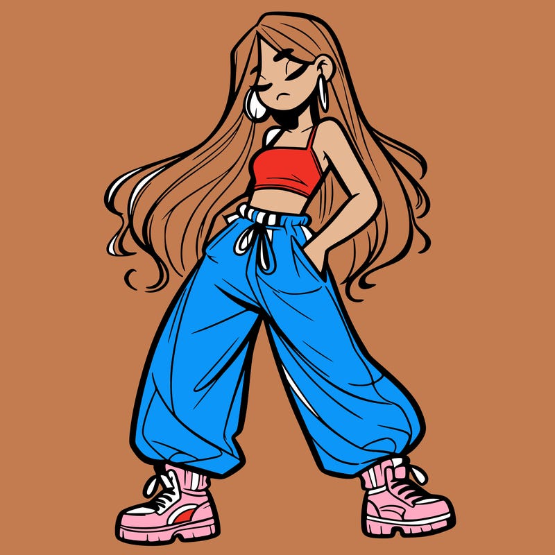girl in baggy pants crop top and long hair