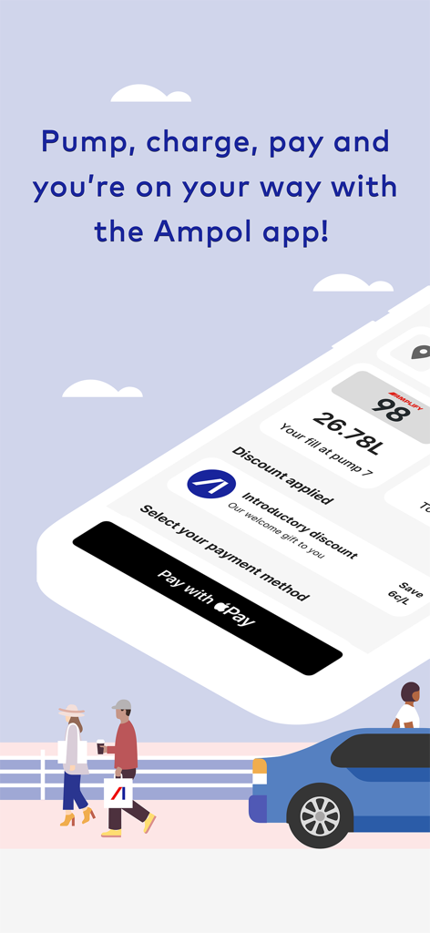 Ampol - Ampol app screen showing contactless fuel payment with an introductory discount and Apple Pay option.