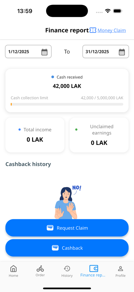 Move Driver - Move Driver app finance report screen displaying total income and cash received metrics