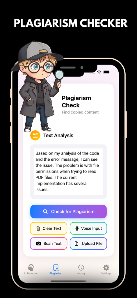 Plagiarism checker & bypass ai - Interfaz de usuario de una aplicación de verificación de plagio con análisis de texto y opciones de escaneo.