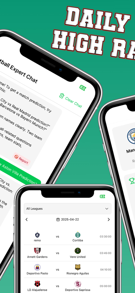 AI Football Prediction Tips - Interface of the AI Football Prediction Tips app showing an AI expert chat window and a schedule of upcoming soccer matches
