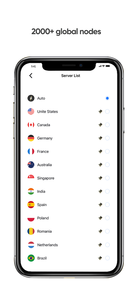 OutVPN app interface showing a list of over 2000 global server nodes across different countries