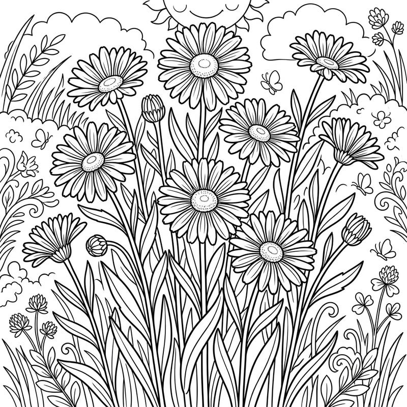 Dive into the warmth of summer with this beautiful oxeye daisies coloring page. Perfect for celebrating the sunny season, it invites you to bring a vibrant meadow to life.