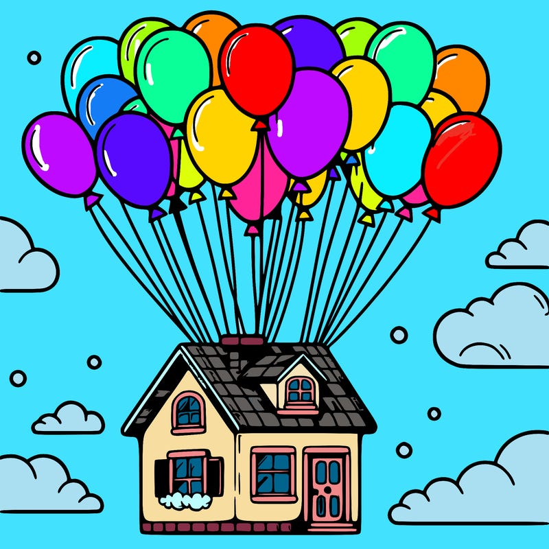 house floating from lots of balloons