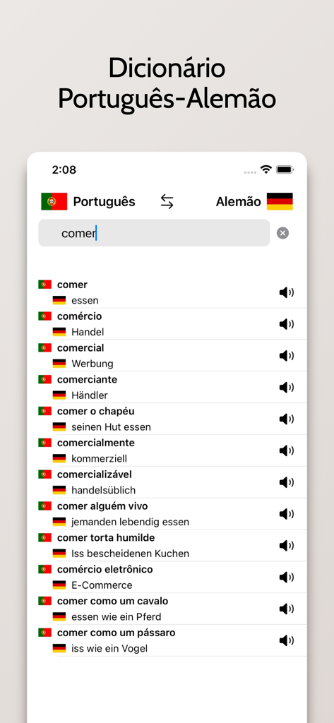 Interface of the Portuguese-German dictionary app showing search results for the word comer and audio pronunciation icons.