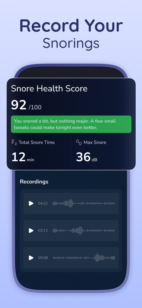 Pantalla del rastreador de ronquidos de Remly que muestra métricas de puntuación de salud del ronquido y grabaciones de audio