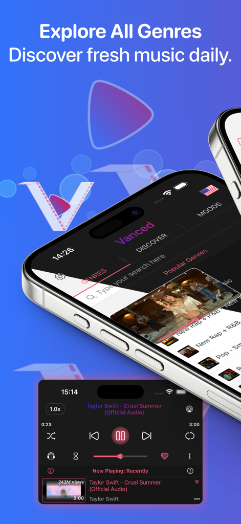 Interfaccia dell'app mobile del lettore musicale Vanced Tube su un iPhone