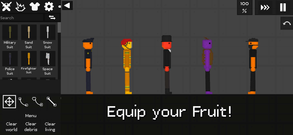 A lineup of pixel art fruit characters wearing various costumes like police and firefighter outfits in Fruit Playground.