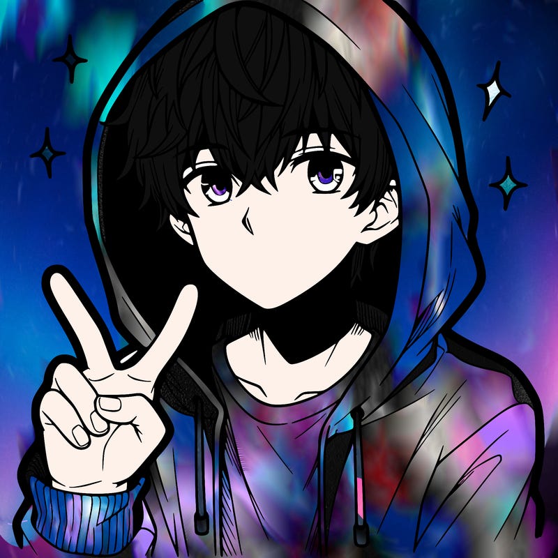 teenage manga boy in a hoodie, doing ✌